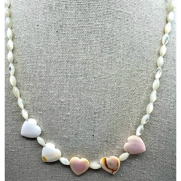 Vintage Heart-Shaped Shell Necklace With Mother Of Pearl Beads - Picture 1 of 12